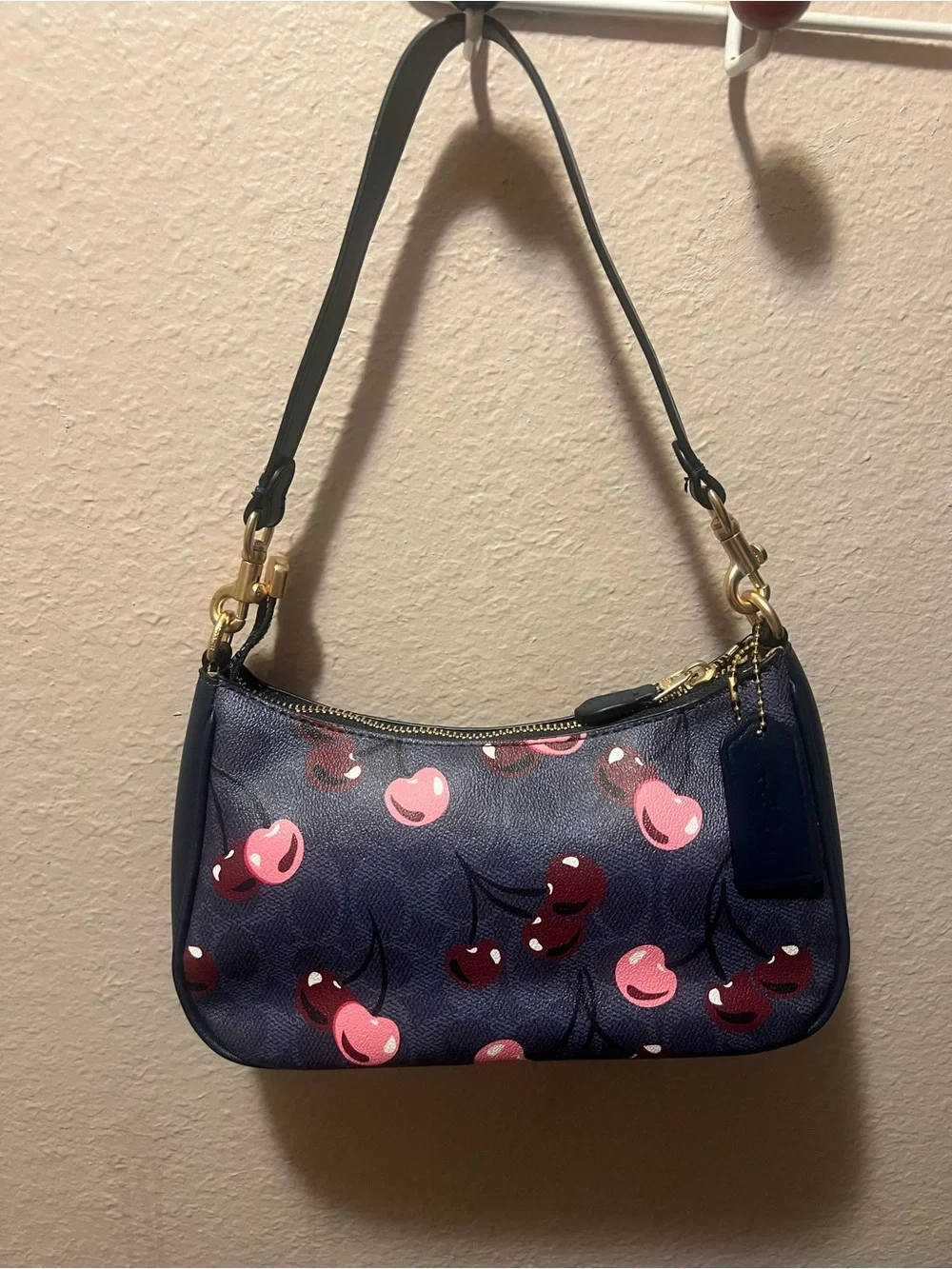 Coach Navy Cherry Shoulder Bag with Pink & Red Print - Picture 2 of 3